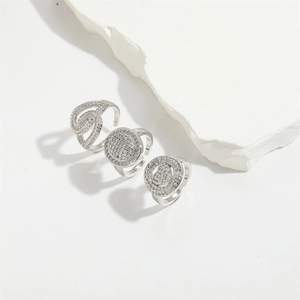 Three-piece set of silver-toned zircon heart and circle micro-pave open rings for women