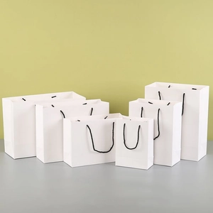 Detailed set of six premium white paper gift bags in various sizes with black rope handles