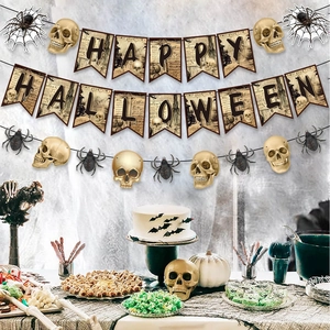 Vintage Happy Halloween banner with gold skull and black spider party decorations