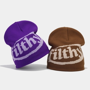 Streetwear jacquard letter knit beanies in purple and brown for autumn outdoor warmth