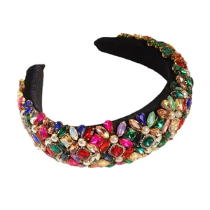 Baroque padded headband for women with colorful crystals and pearls on black fabric base