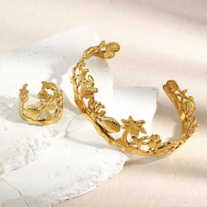 Minimalist 18K gold plated stainless steel bracelet and ring set with ocean charms