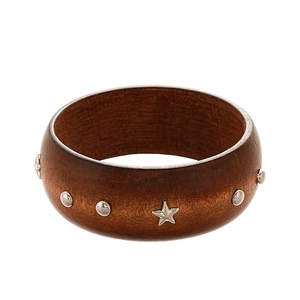 Vintage dark brown wooden bangle featuring star rivets and a wide geometric design