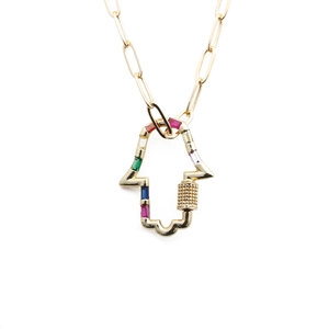 Collana con ciondolo mano di Fatima in oro con zirconi colorati e catena a graffetta
