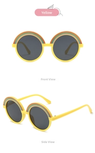Front and side view of yellow round frame sunglasses with a rainbow decorative detail