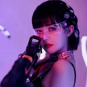 Close-up of cyberpunk LED glasses with neon glowing texture and tech-inspired engraving