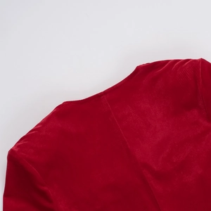 Close-up of the red velvet dress collar and shoulder showing premium fabric texture