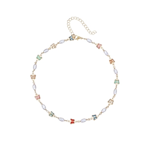 Golden pearl necklace with colorful butterfly pendants and adjustable lobster clasp