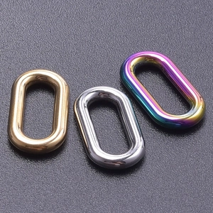 Close-up of oval stainless steel 18k plated rings in gold, silver, and rainbow finish