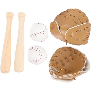 Detail of mini baseball keychains with wooden bats, leather gloves, and white balls