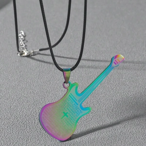 Men's rainbow guitar pendant necklace in stainless steel with a black rope chain