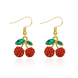 Sparkling red cherry drop earrings with green rhinestones and golden hooks