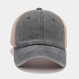 Detail view of vintage charcoal canvas baseball cap with breathable beige mesh