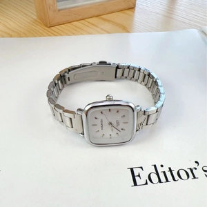 Elegant silver stainless steel square watch for women with minimalist white stick dial