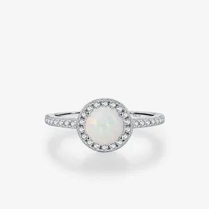 Opal Ring 925 Sterling Silver Minimalist Round White Lab-Grown Lab-Opal Cubic Zirconia Halo Finger Jewelry For Women