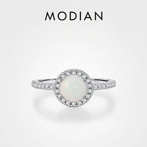 Opal Ring 925 Sterling Silver Minimalist Round White Lab-Grown Lab-Opal Cubic Zirconia Halo Finger Jewelry For Women