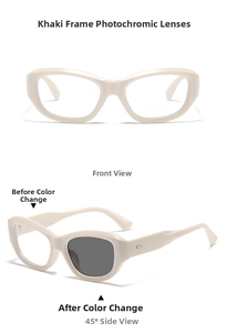 Cat eye glasses featuring photochromic lenses changing from clear to grey in khaki frame