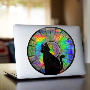 Holographic black cat laptop sticker with rainbow gradient stained glass pattern