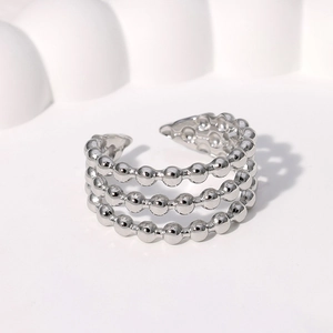 Three-layer silver beaded open ring in polished stainless steel for a minimalist look