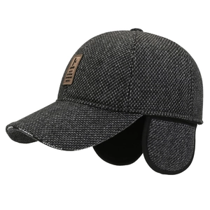 Men's wool baseball cap with thick ear flaps and warm lining in dark grey texture
