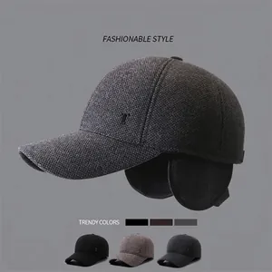Men Winter Baseball Cap Woolen Knit Ear Protection Warm Windproof Outdoor Casual Hat Metallic Decor Adjustable