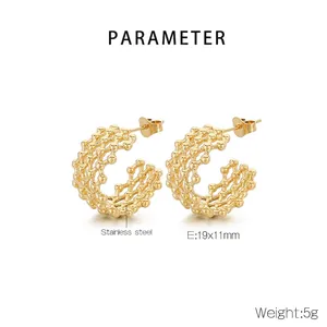 Detailed view of 18K gold-plated stainless steel mesh earrings with product dimensions