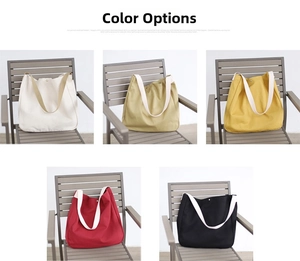 Detailed color selection showing red, yellow, khaki, white, and black canvas tote bags