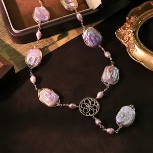 French Vintage Artificial Baroque Pearl Necklace Handmade Gold Plated Copper Wire Wrapped Purple Shell Pendant Jewelry For Women