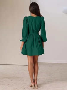 Vista posteriore di un mini abito verde scuro con scollo a V, vita alta e zip sulla schiena