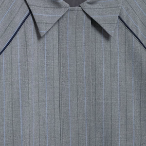Grey striped varsity bomber jacket with blue pinstripes and contrast collar trim