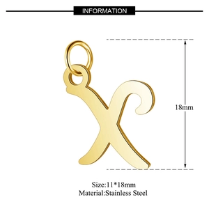 Polished golden stainless steel letter X pendant with jump ring, size 11x18mm detail