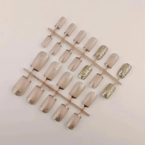 24pcs nude gradient press-on nails with silver glitter and sequins in short square shape