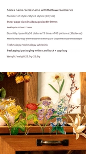 Macro detail of transparent vintage floral stickers with white ink print on wood