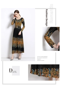 Detalle de vestido de encaje floral con mangas largas, dobladillo y cinturón con hebilla