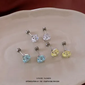 Round Cubic Zirconia Stud Earrings With Stainless Steel Earring Post Titanium Steel Screw Back Minimalist Jewelry