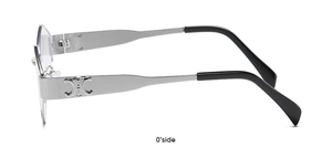Detailed side view of silver metal temples with classic relief logo and black tips