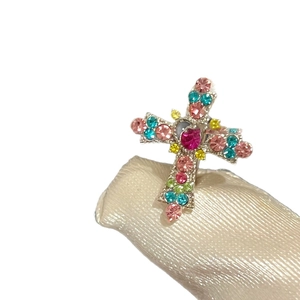 Cross hoop earrings featuring colorful rhinestones in a minimalist gold-toned setting