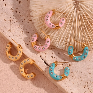 C Shaped Hoop Earrings Stainless Steel 18K Gold Plated Enamel Rhinestone Geometric Fashion Jewelry For Women Elegant