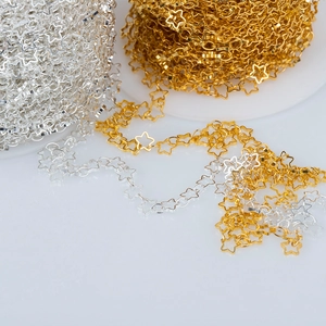 Detail of 5mm hollow star chain in gold and silver finish for DIY jewelry making