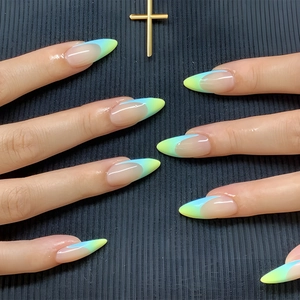 Almond French gradient press-on nails in blue green and yellow on black background