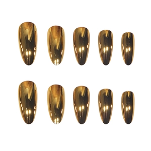 Metallic mirror gold almond press-on nails set with chrome finish and high gloss reflection