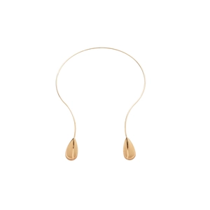 Minimalist gold metal collar necklace featuring elegant teardrop pendants on white background