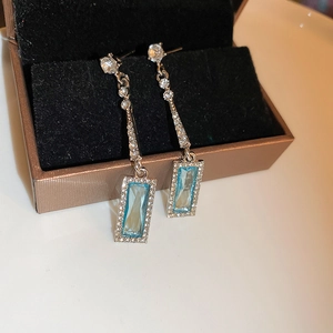 French luxury light blue glass square geometric drop earrings with silver needles and crystals