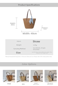 Detail of woven straw tote bag with brown leather handles and striped silk scarf