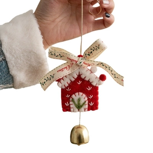 Red felt house Christmas ornament with embroidery, ribbon bow and golden bell