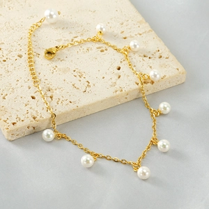 Anklet Bracelet For Women Stainless Steel 18K Gold Plated With Faux Artificial Pearl Charms Tassel Fashion Adjustable Jewelry