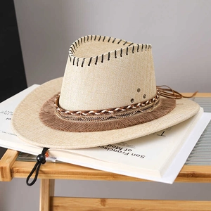Men's straw cowboy sun hat in beige with decorative trim and adjustable chin strap