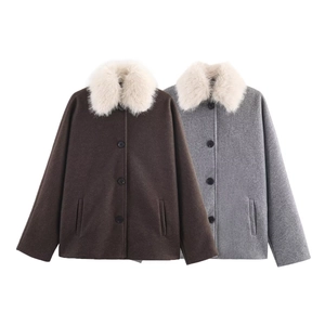 Women Short Woolen Style Jacket With Faux Fur Collar Single Breasted Solid Color Lapel Outerwear