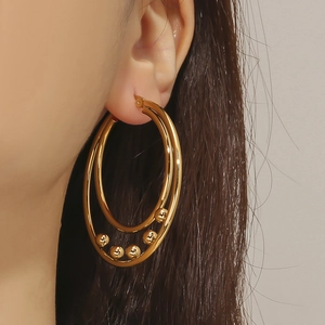 Fashion Women Titanium Steel Double Hoop Earrings Gold Plated Stainless Steel Geometric Beads Dangle Earrings Jewelry