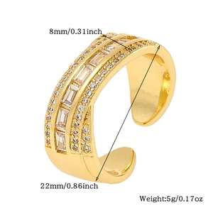 Detailed size chart showing 8mm width and 22mm diameter for gold zircon open ring